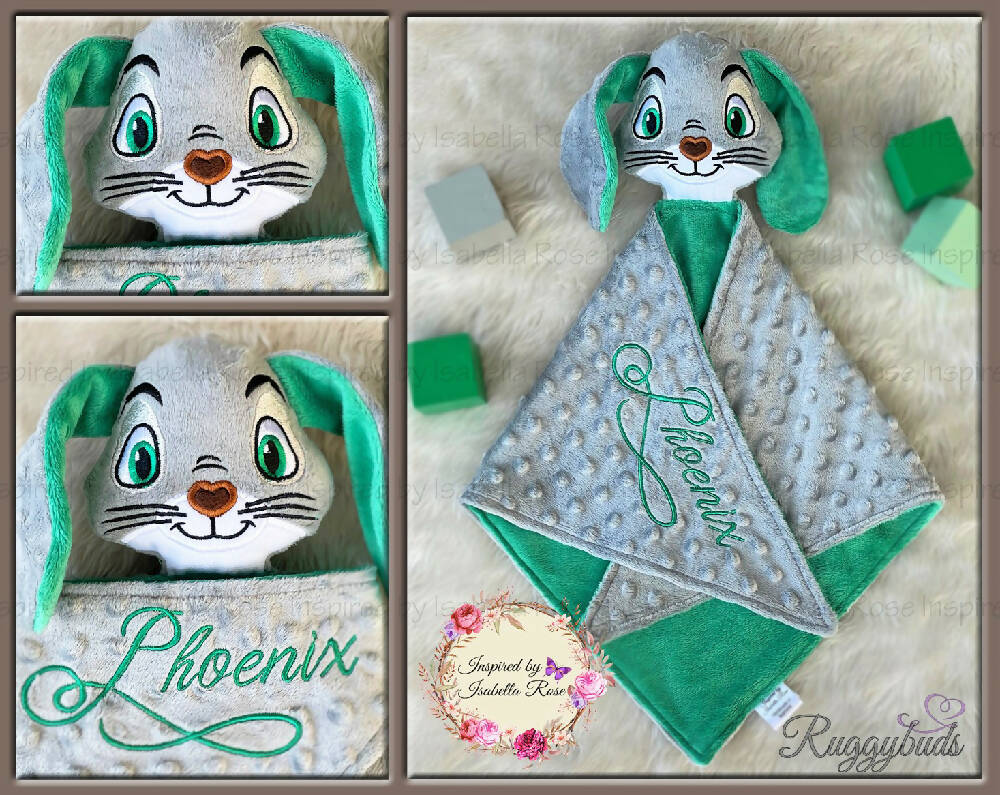 Baby comforter, Embroidered name, Bunny themed Ruggybud, Made to order