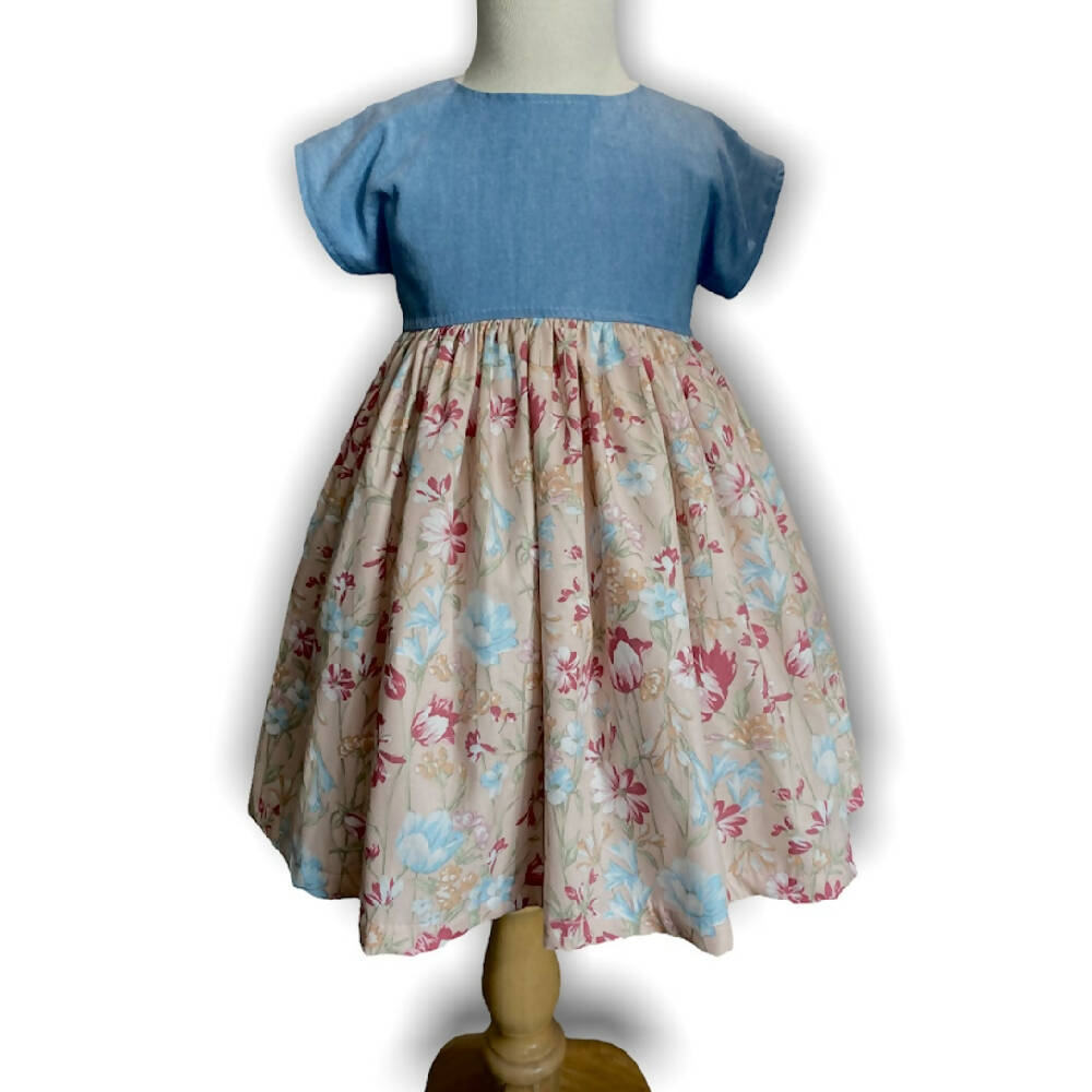 SIZE 1 Denim and Nude floral CHLOE DRESS - CLEARANCE