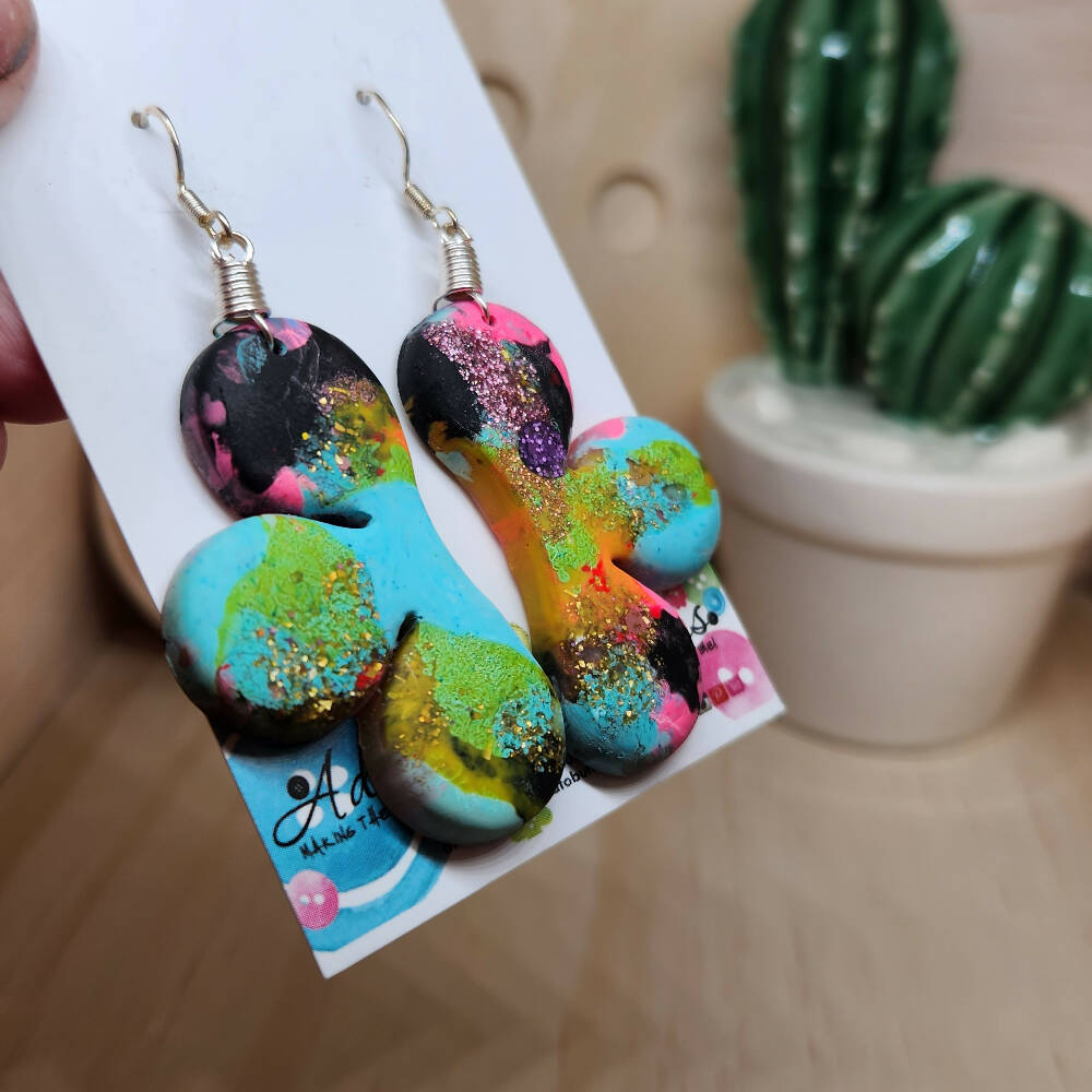 50 - Dangle Earrings Resin Button Jewellery Colourful Clouds Teal Pink Glitter (3)