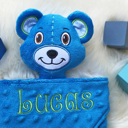 Baby comforter, Embroidered name, Teddy themed Ruggybud, Made to order