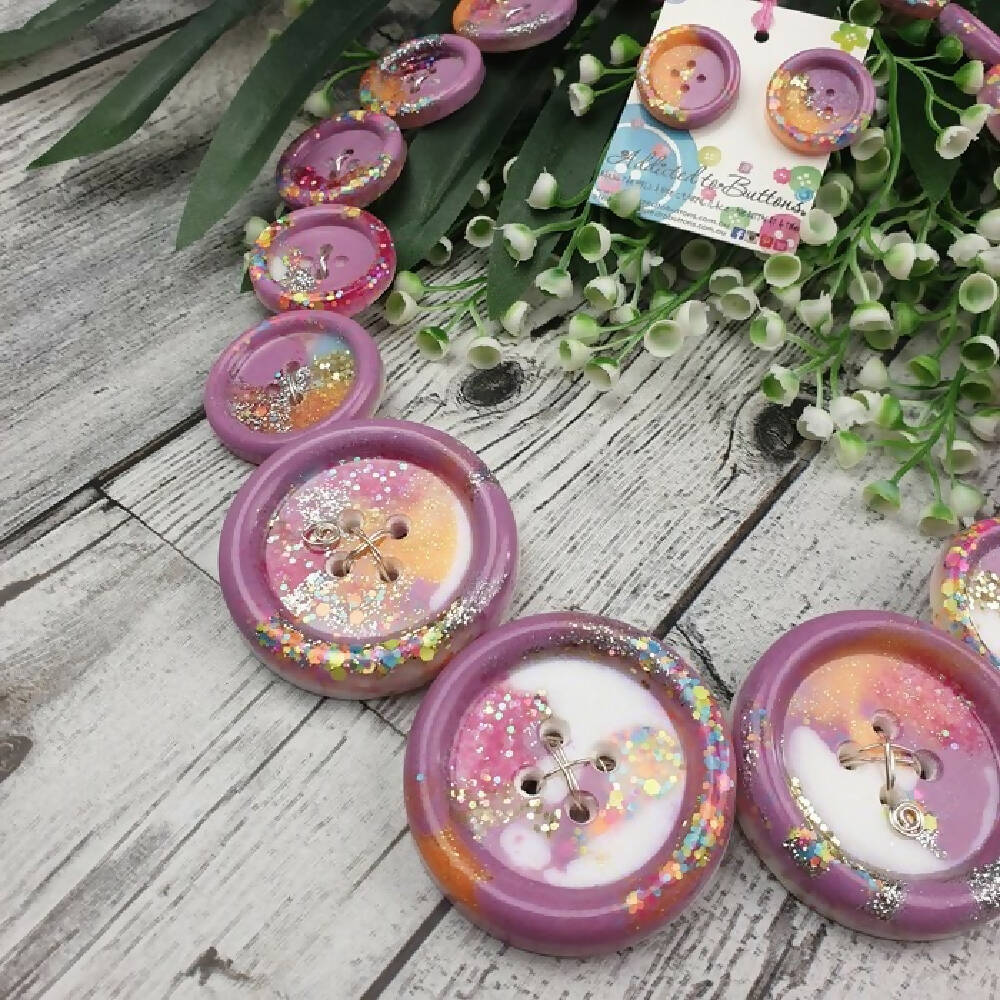 Button Necklace Pink Sparkle Glitter Handcast Resin Buttons & Earrings Jewellery