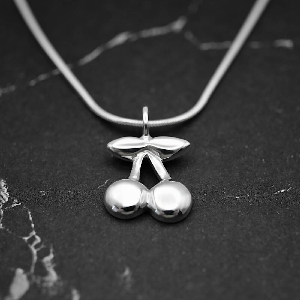 cherries silver cherry pendant grey sml