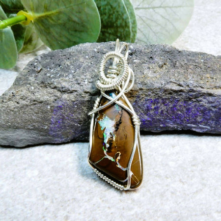 Solid Boulder Opal pendant Sterling silver wire wrapped necklace