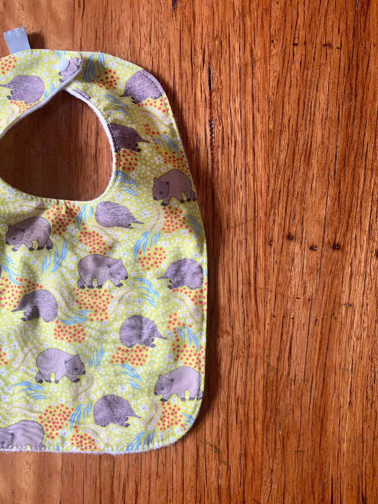 bib - green wombat echidna / organic cotton hemp fleecy / baby toddler
