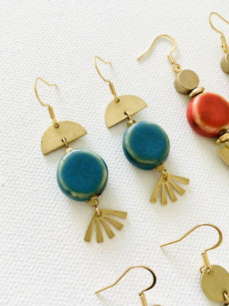 Blue, red, brown, yellow charm earrings