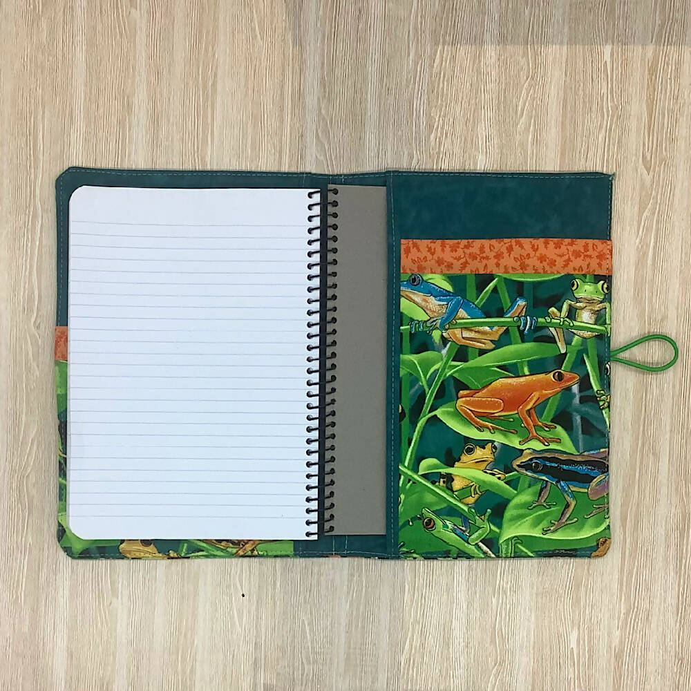 Colourful frogs refillable A5 fabric notebook cover gift set - Incl. book and pen.