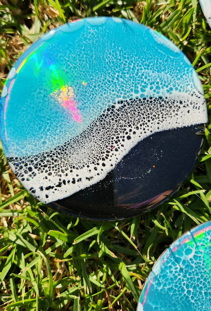 Holographic Black Beach Coasters with Frothy Wave (Set of 4)