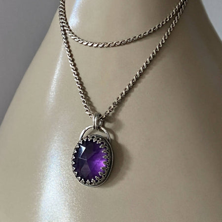 Sterling Silver Faceted Amethyst Gothic Oval Pendant
