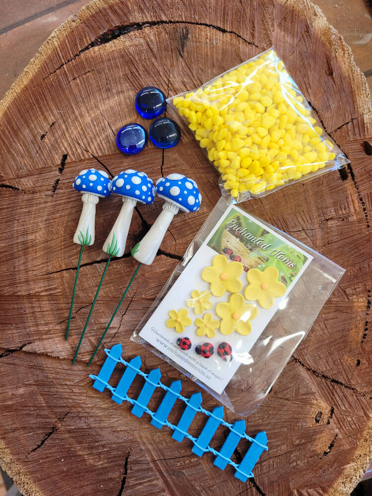 Blue and yellow Fairy garden Mushrooms set with Ladybirds