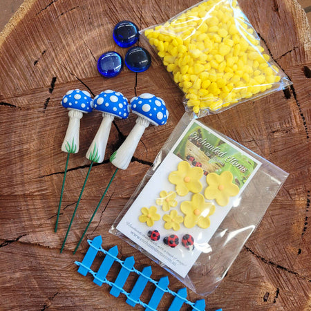 Blue and yellow Fairy garden Mushrooms set with Ladybirds