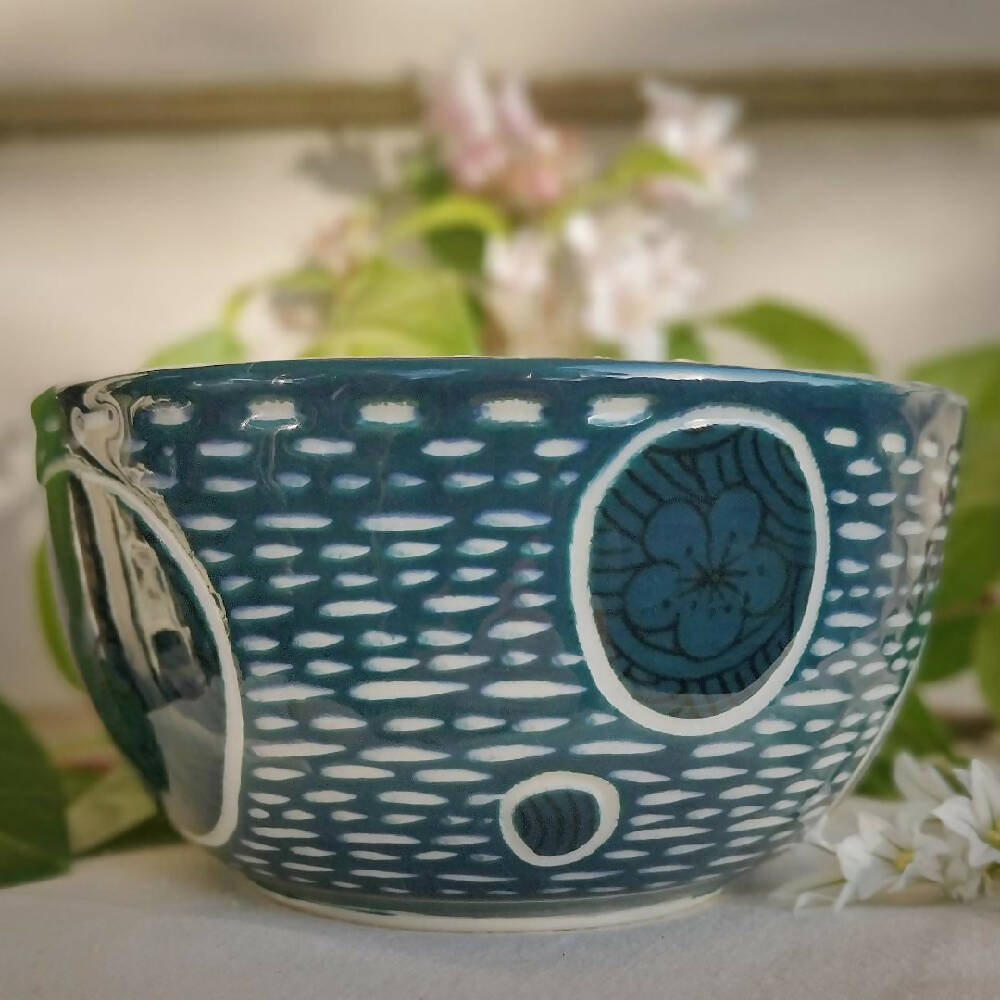 Hand Made Ceramic Bowl in Teal, White & Black