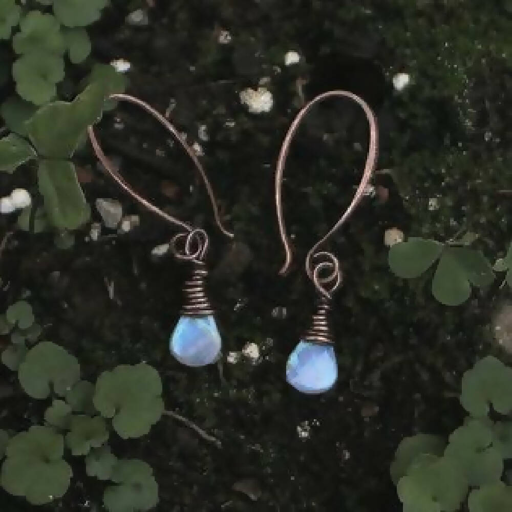 Rainbow Moonstone Lantern earrings in Copper