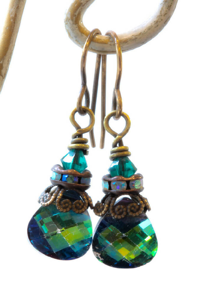 Swarovski Crystal & Brass Drop Earrings Aquamarine Sphinx Briolette