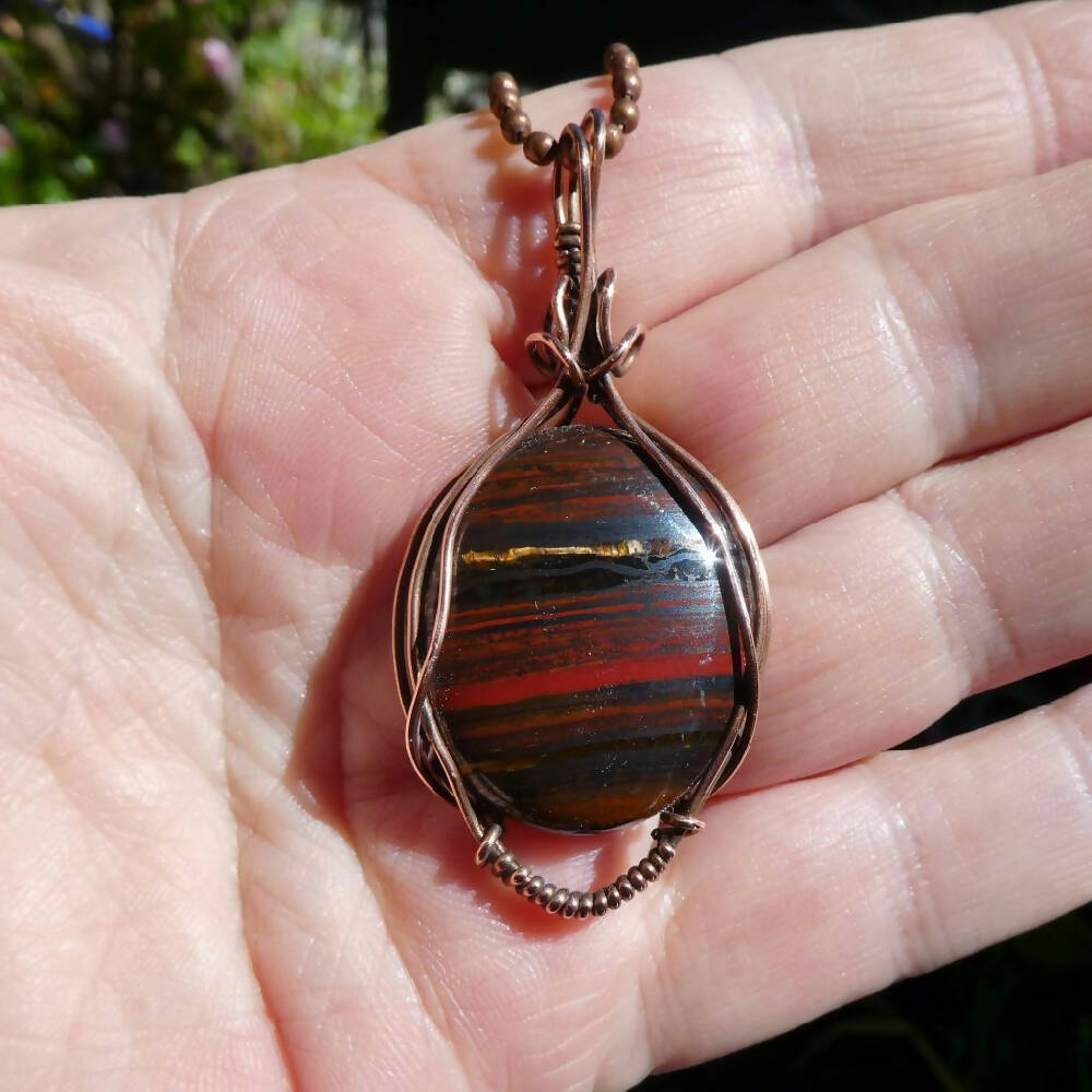Tiger Iron gemstone large oval pendant copper wire wrapped