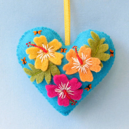 Felt Heart Ornament - embroidered hibiscus flowers