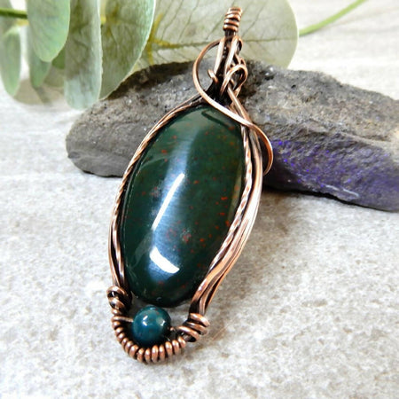 Large Bloodstone pendant copper wire wrapped statement gemstone