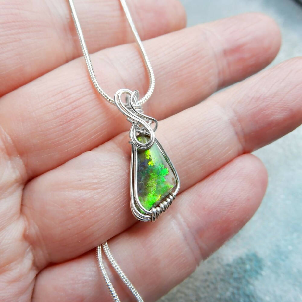 Andamooka Vivid green opal pendant Sterling silver wire wrapped