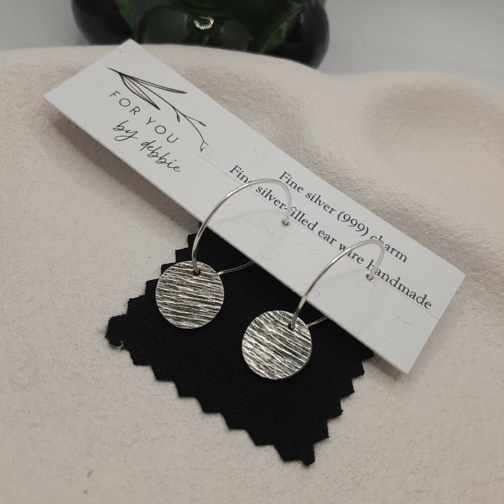 Fine silver 999 bohemian disk hoop earrings with handmade ear wire