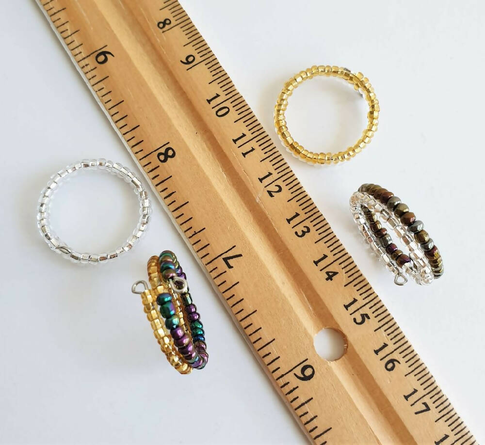 Modern 2 colour small seed bead 2 line memory wire ring