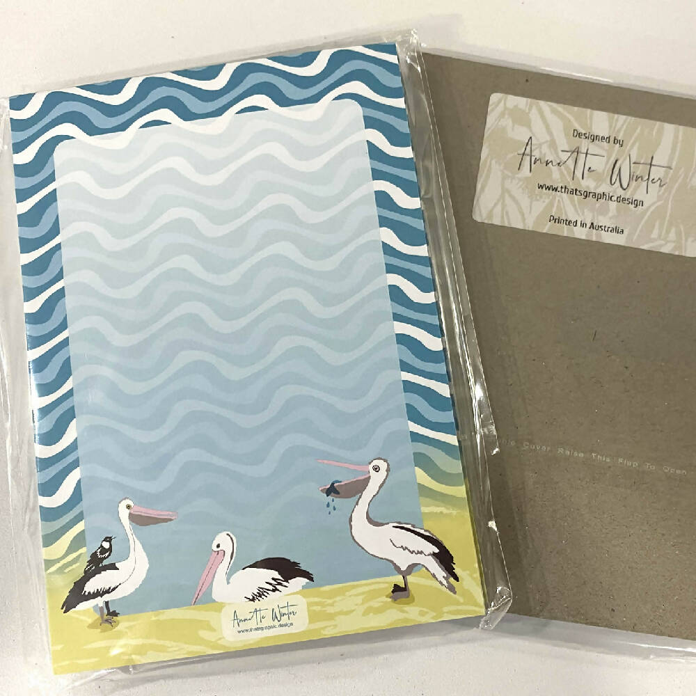 Notepad - A6 Pelican Writing Pad for taking notes - Beach, pelicans, waves