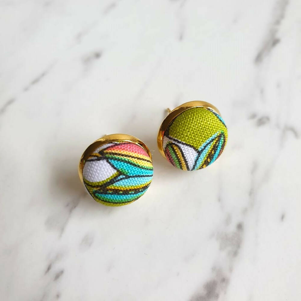 1.4cm Round Cabochon geometric patterns colourful fabric stud earrings No.3
