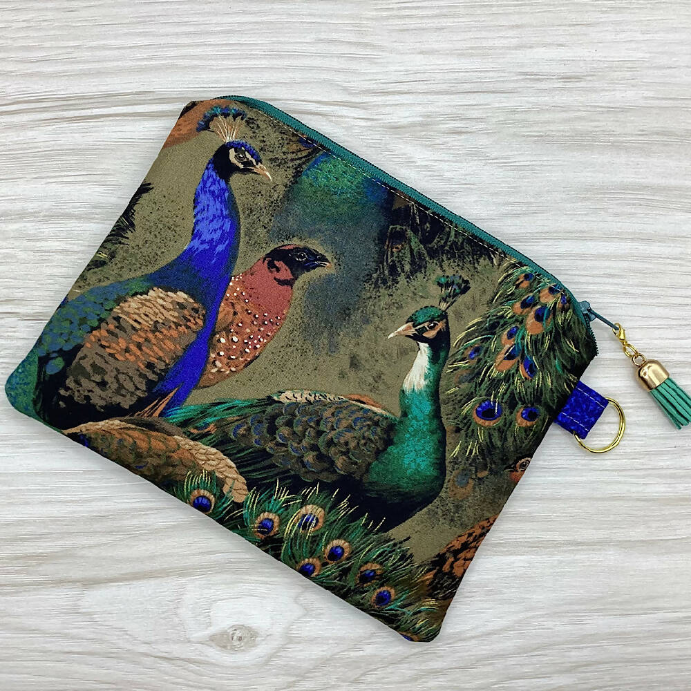 Peacocks Zip Pouch (21cm x 16cm) Fully lined, lightly padded