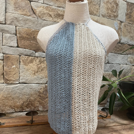Crochet Halter Top. Three tone blue, white and grey.