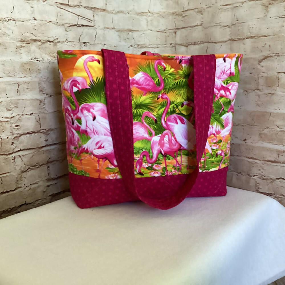 Flamingo birds handbag, tote, shoulder bag for shopping, travel or craft.