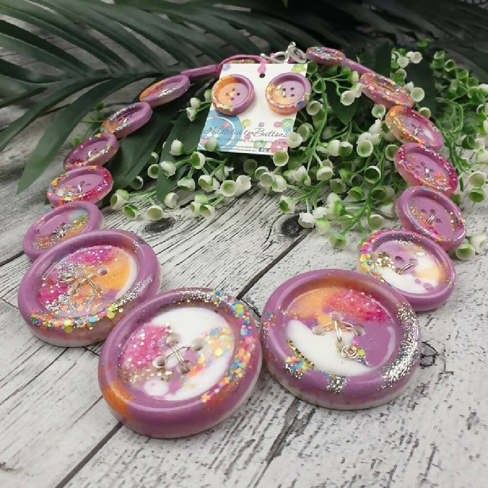 Button Necklace Pink Sparkle Glitter Handcast Resin Buttons & Earrings Jewellery