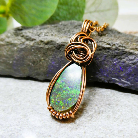Andamooka Opal pendant oxidised copper wire wrapped