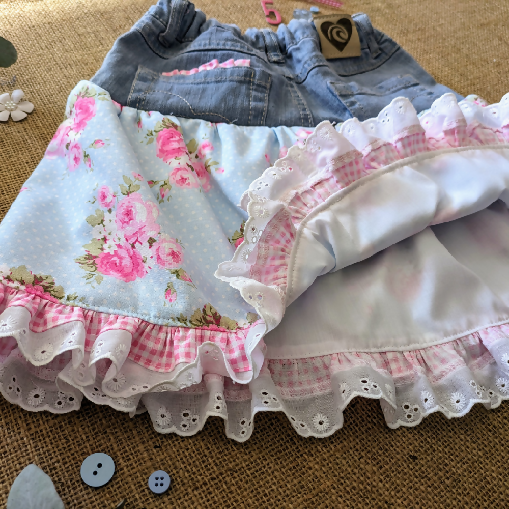Girls Skirt Upcycled Denim Pink Posies Gingham and lace Size 5