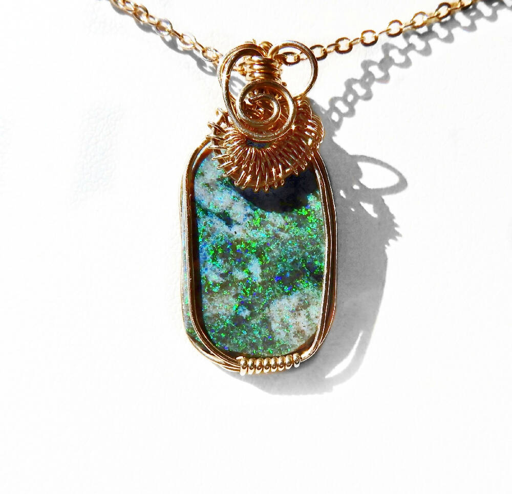 Green Matrix Opal 5.93ct pendant, 14k gold filled wire wrapped