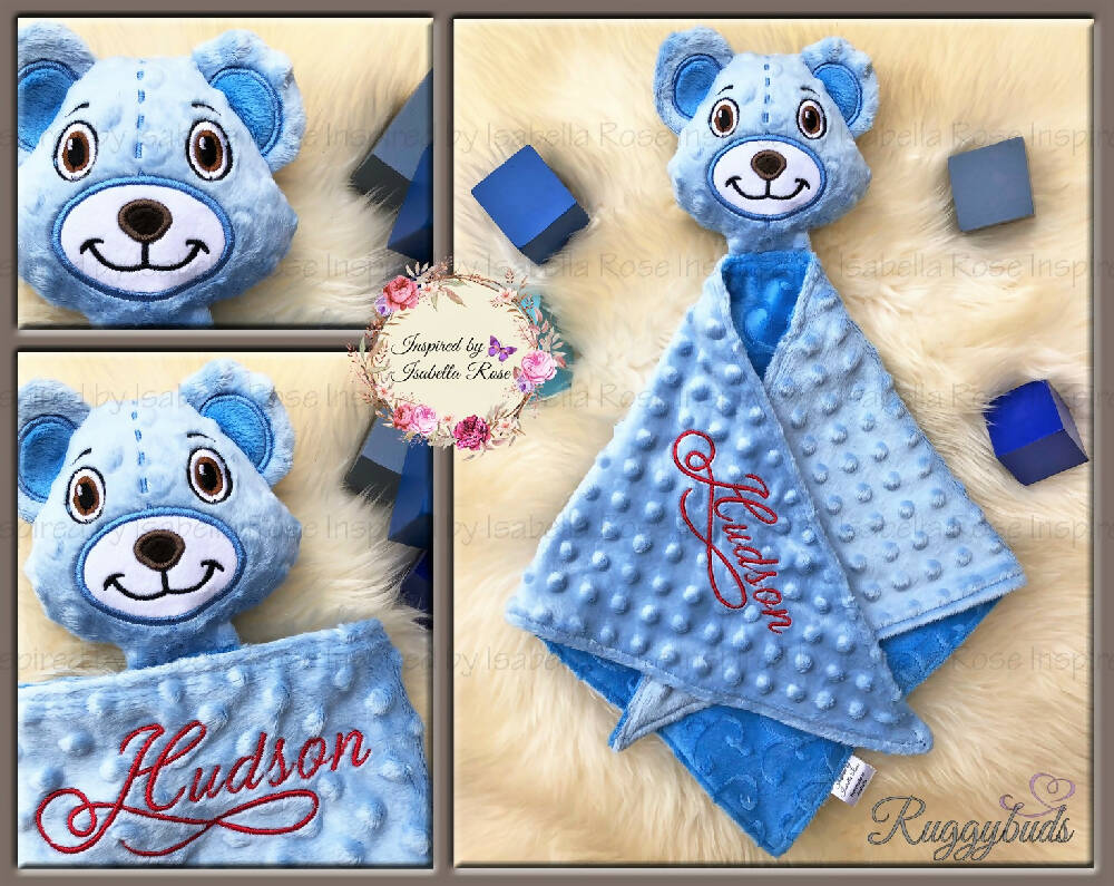 Baby comforter, Embroidered name, Teddy themed Ruggybud, Made to order