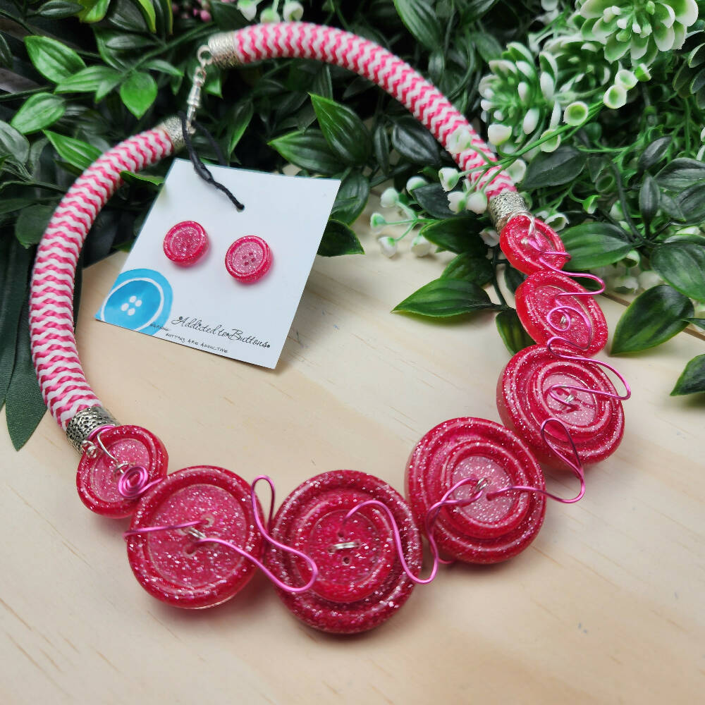 Button Necklace - Cord - Pink Sparkle - A2B -  (8)