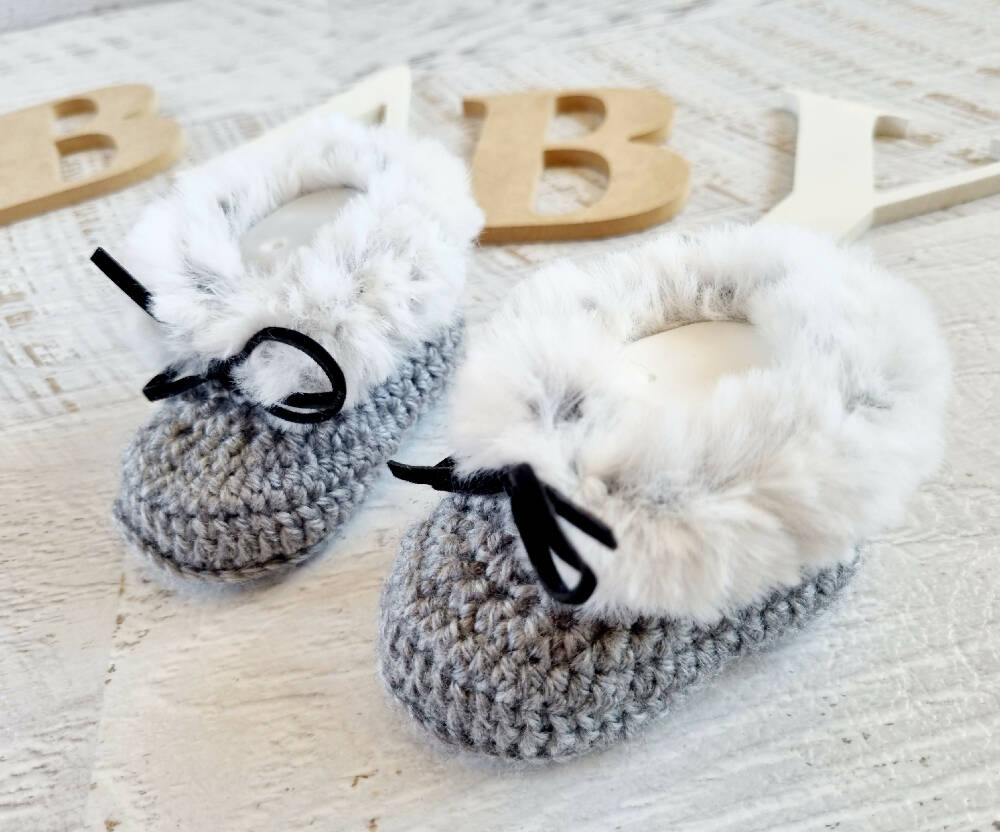 Baby Booties Fluffy Grey Newborn Crochet Knit Shoes Sock