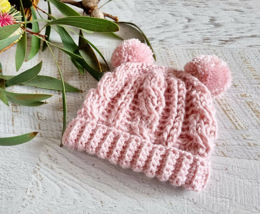 Baby Beanie Dusty Pink Newborn Crochet Knitted Cable Hat