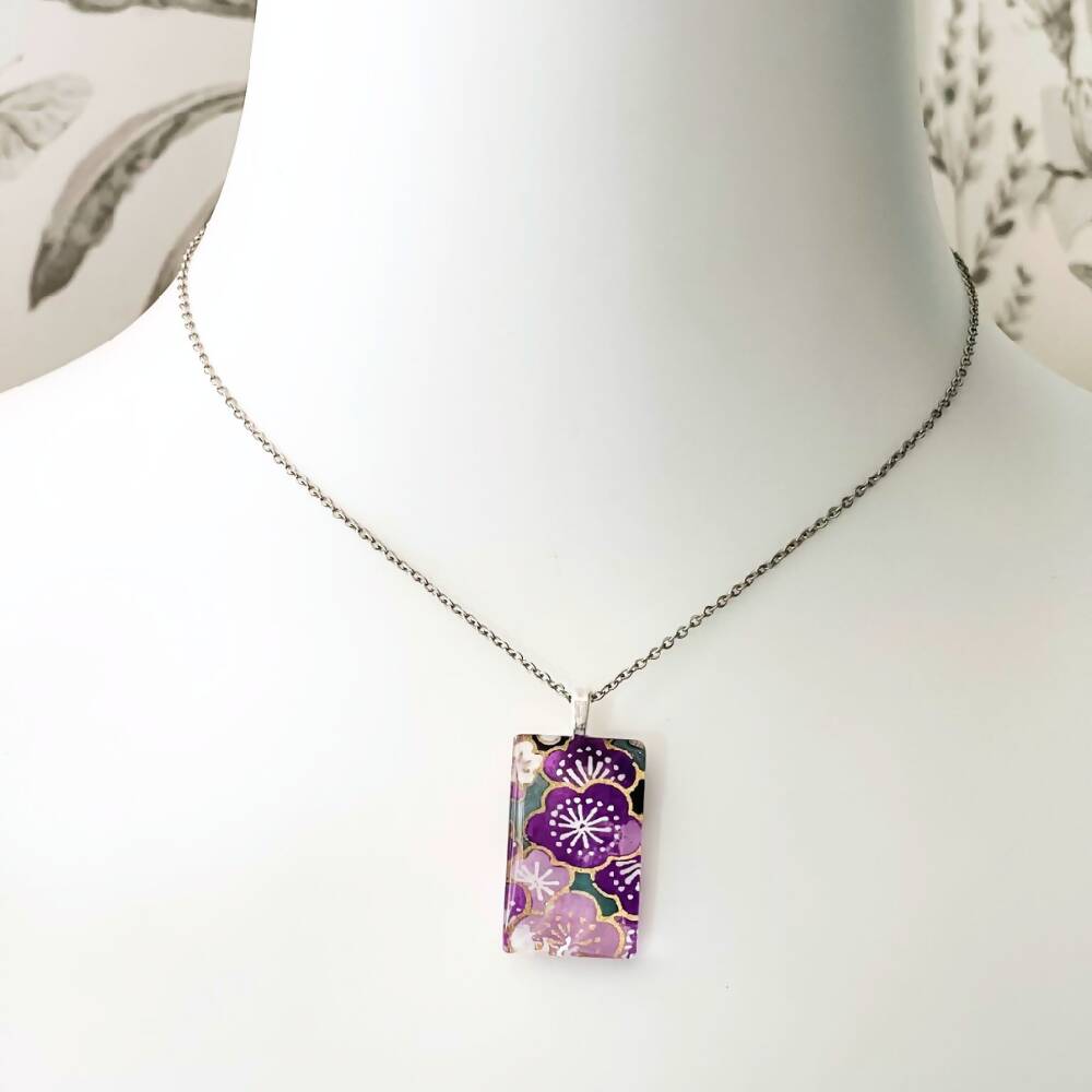 Purple Flower Necklace • Japanese Paper, Resin and Glass Pendant