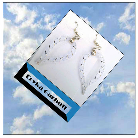 Dangle earrings. White and silver nylon mesh loop style.