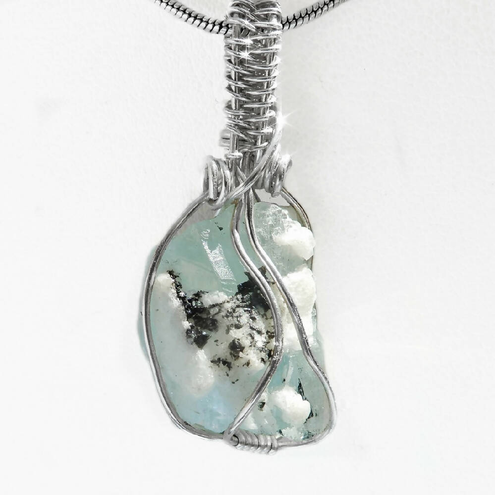 Raw Aquamarine and Tourmaline pendant, Sterling silver wire wrapped
