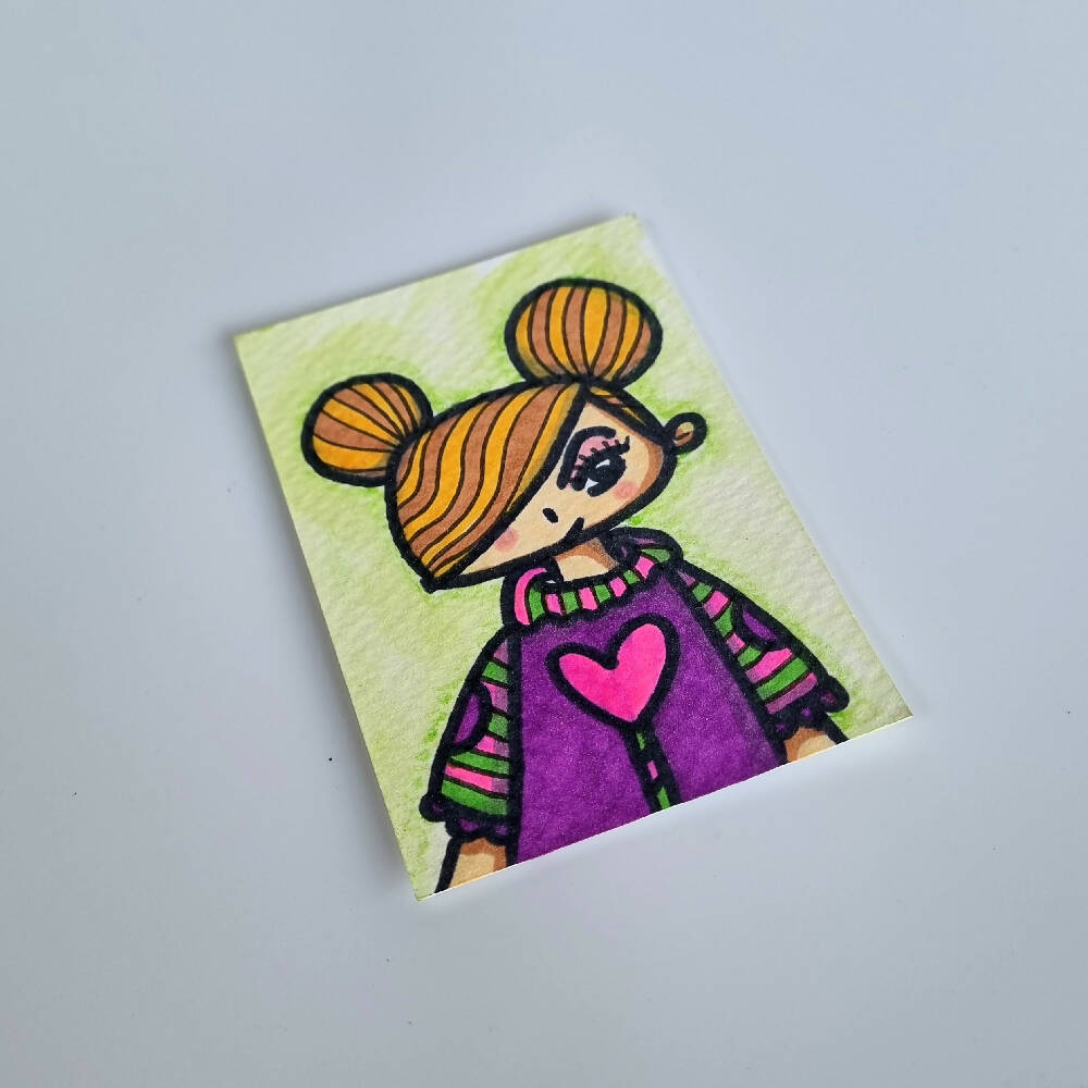 Greta with a big heart - ACEO Original Ink and watercolor on Watercolor Paper