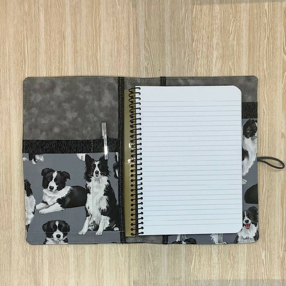 Border Collie Dogs refillable A5 fabric notebook cover gift set - Incl. book and pen.