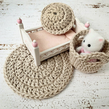 Crochet Dollhouse Rug-Cushion-Basket Set