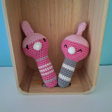 crochet galah baby rattle