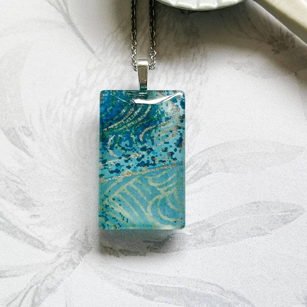 Gold and Blue Pendant • Japanese Paper, Resin and Glass