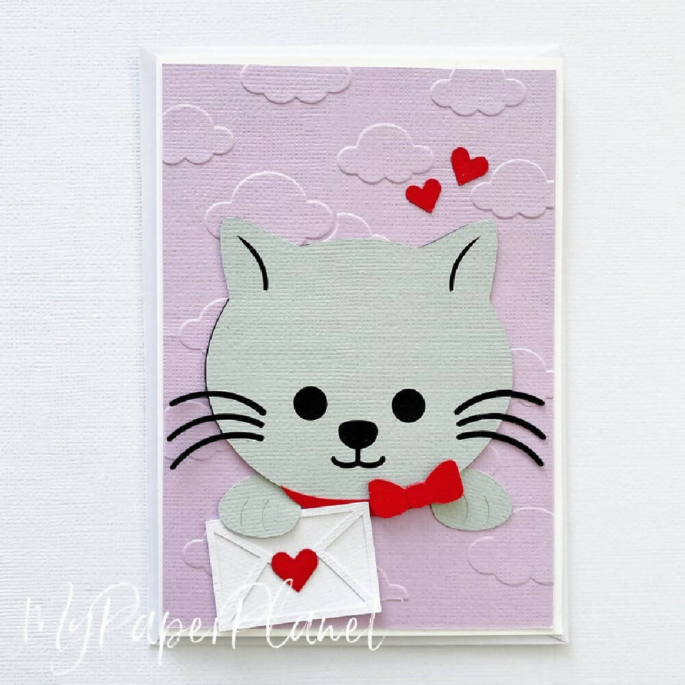 Valentines Cat greeting card. Kitty sending love, blank card.