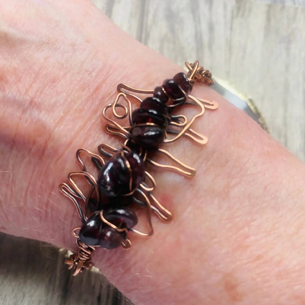 Polished Garnet Chip Bead Wire Wrapped Abstract Bracelet
