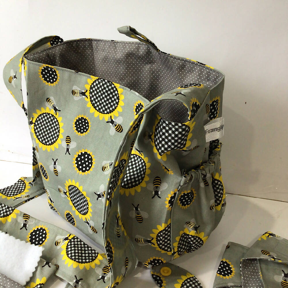 Nappy Bag and accessories for Baby Doll - grey spotted sunflower #1