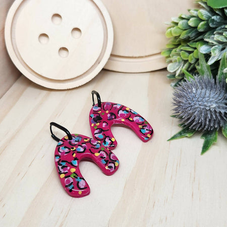 Dangle Earrings - Leopard Arc Hand Painted Clay and Resin
