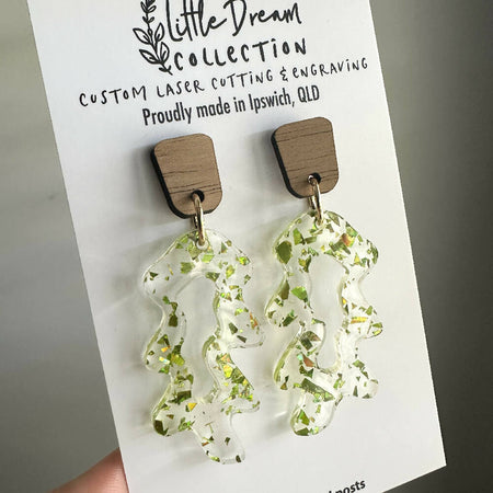 Glitter Acrylic Earrings Green Leaves