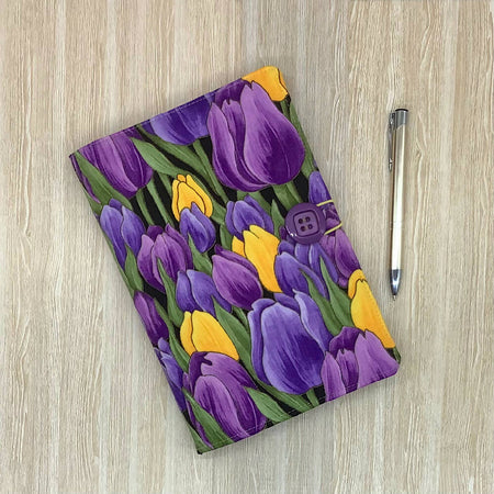 Purple Tulips refillable A5 fabric notebook cover with bonus book and pen.